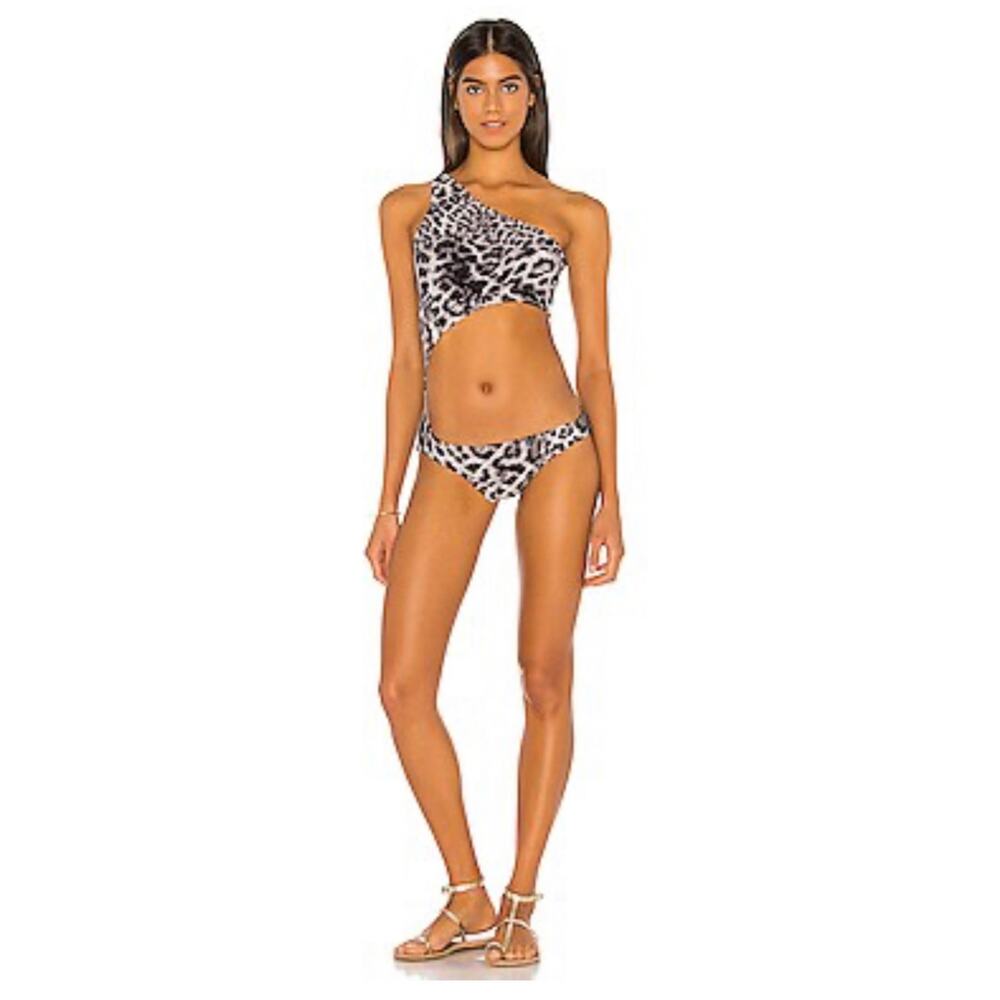 Norma Kamali Shane Cut Out One Shoulder Swimsuit Gray Leopard Animal Print